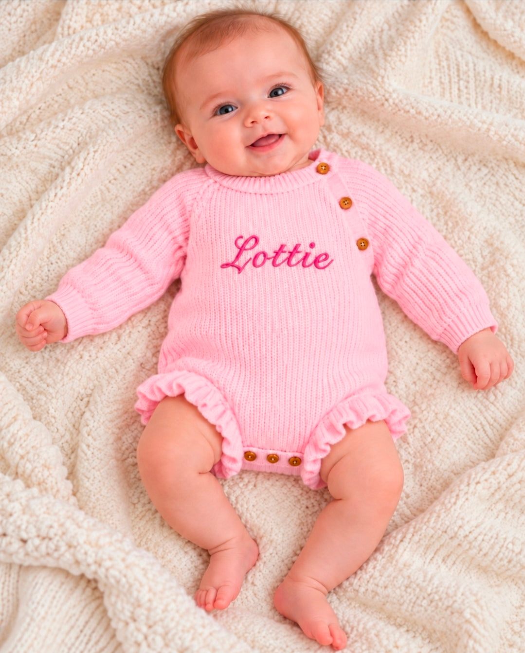 Baby Girls Personalised Pink Frilly Leg Knitted Romper