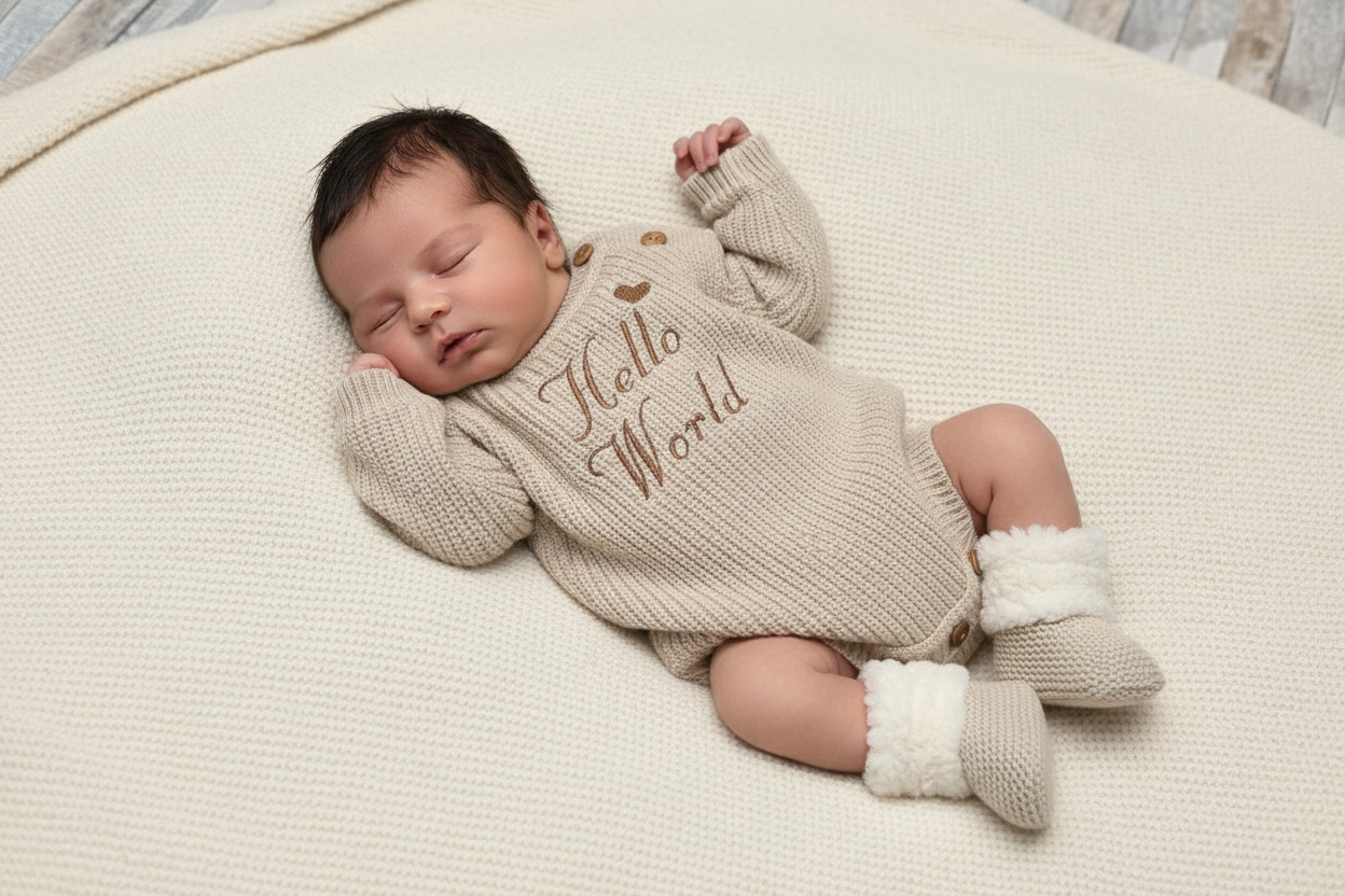 Nana B Unisex Baby Beige Hello World Romper And Beanie Hat