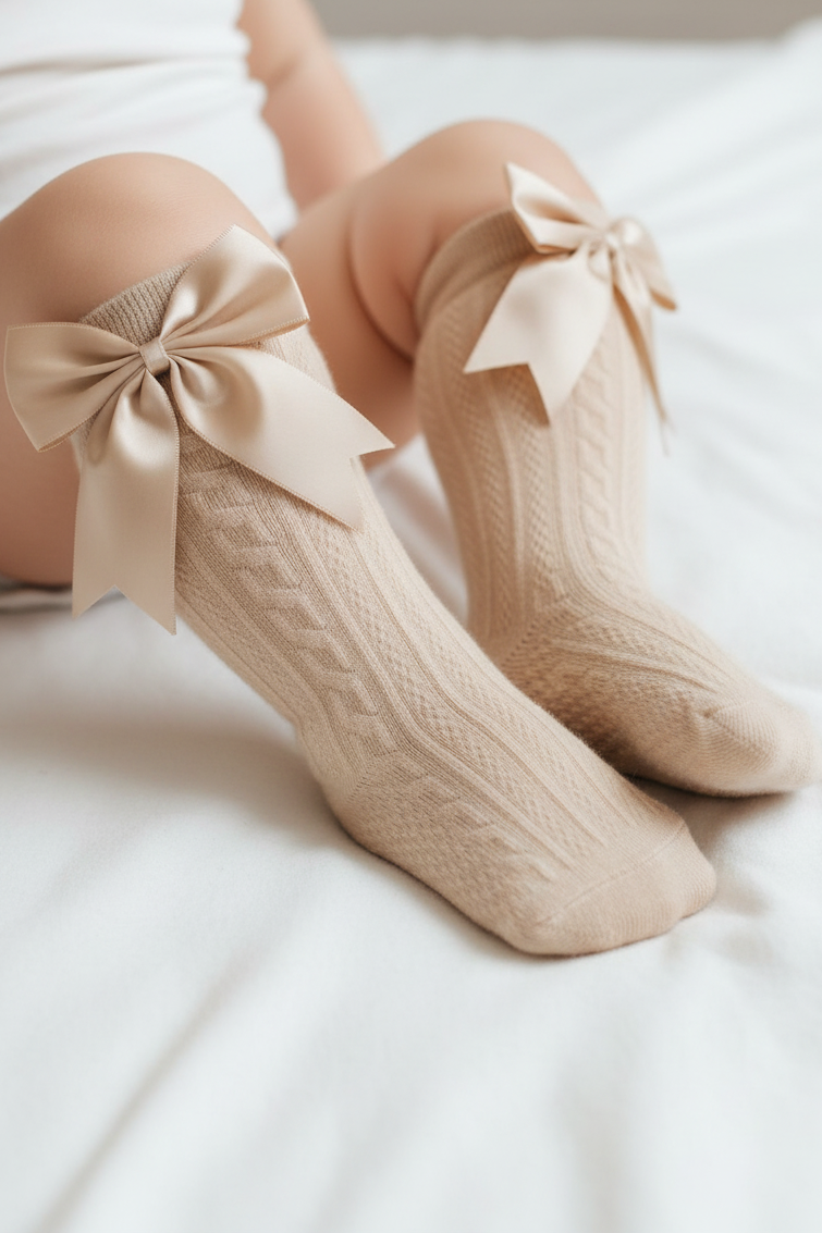 Baby Girls Large Bow Beige Knee Socks