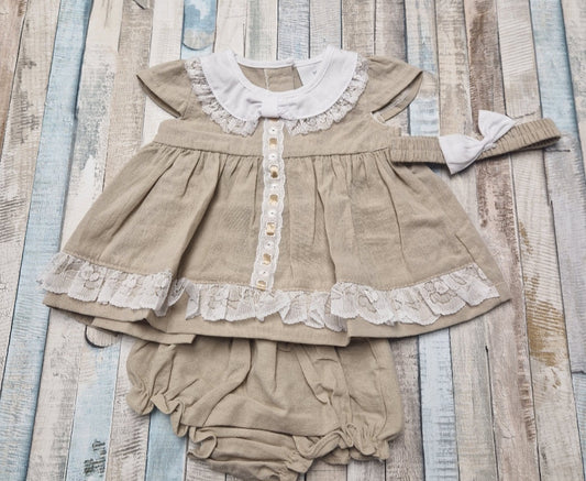 Baby Girls Beige And White Slotted Lace Dress And Pants