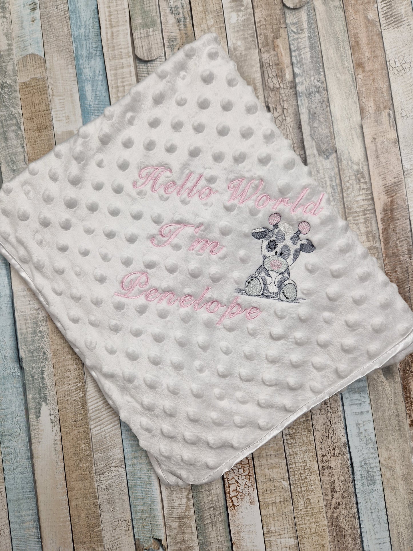 Personalised Hello World White Dimple Wrap With Pink Giraffe Embroidered Design