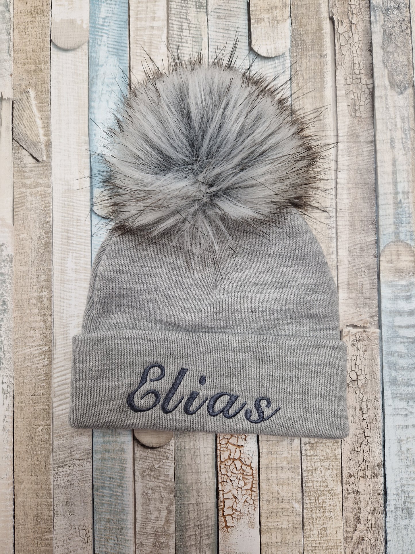 Personalised Baby Grey Knitted Single Fluffy Faux Fur Pom Hat