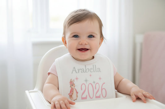 Personalised White Printed Bib With Pink Rabbit Year Born