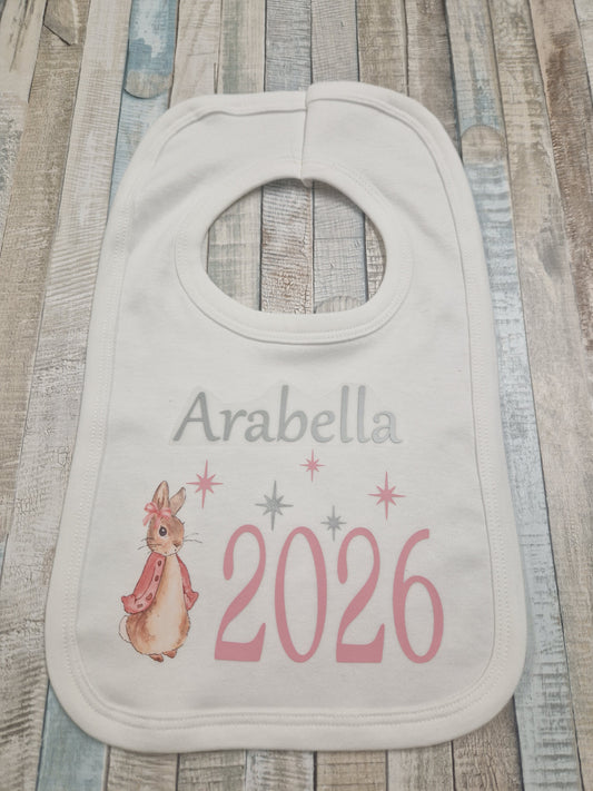 Personalised White Printed Bib With Pink Rabbit Year Born