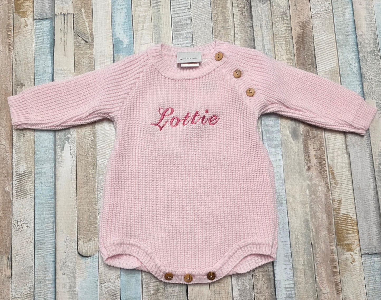 Personalised Baby Girls Pink Knitted Long Sleeved Romper