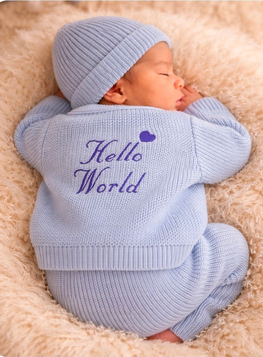 Nana B Blue Baby Boys Hello World Ribbed Cardigan
