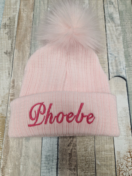 Personalised Baby Pink Knitted Single Pink  Fluffy Faux Fur Pom Hat