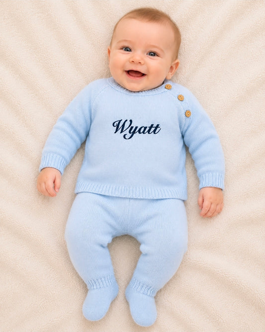 Baby Boys Blue Personalised Knitted 2 Piece Set
