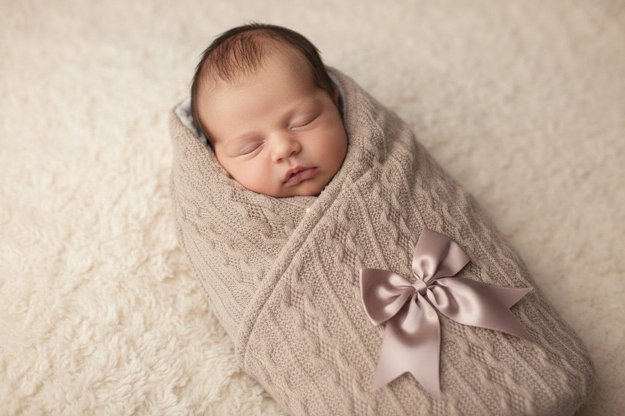 Unisex Baby Beige New Cable Style Swaddle With Satin Bow