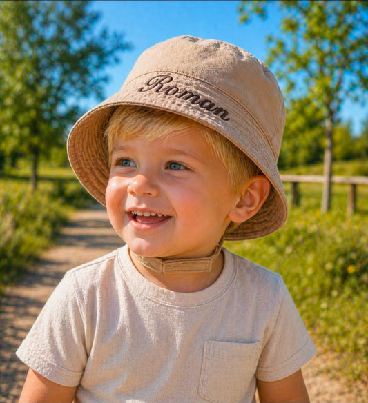 Personalised Boys Beige Bucket Hat With Chin Strap