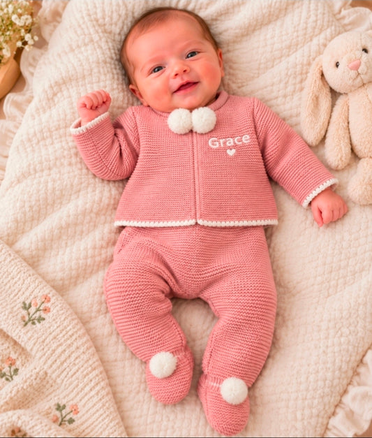 Baby Girls Dusky Pink Personalised 2 Piece Pom Pom Set