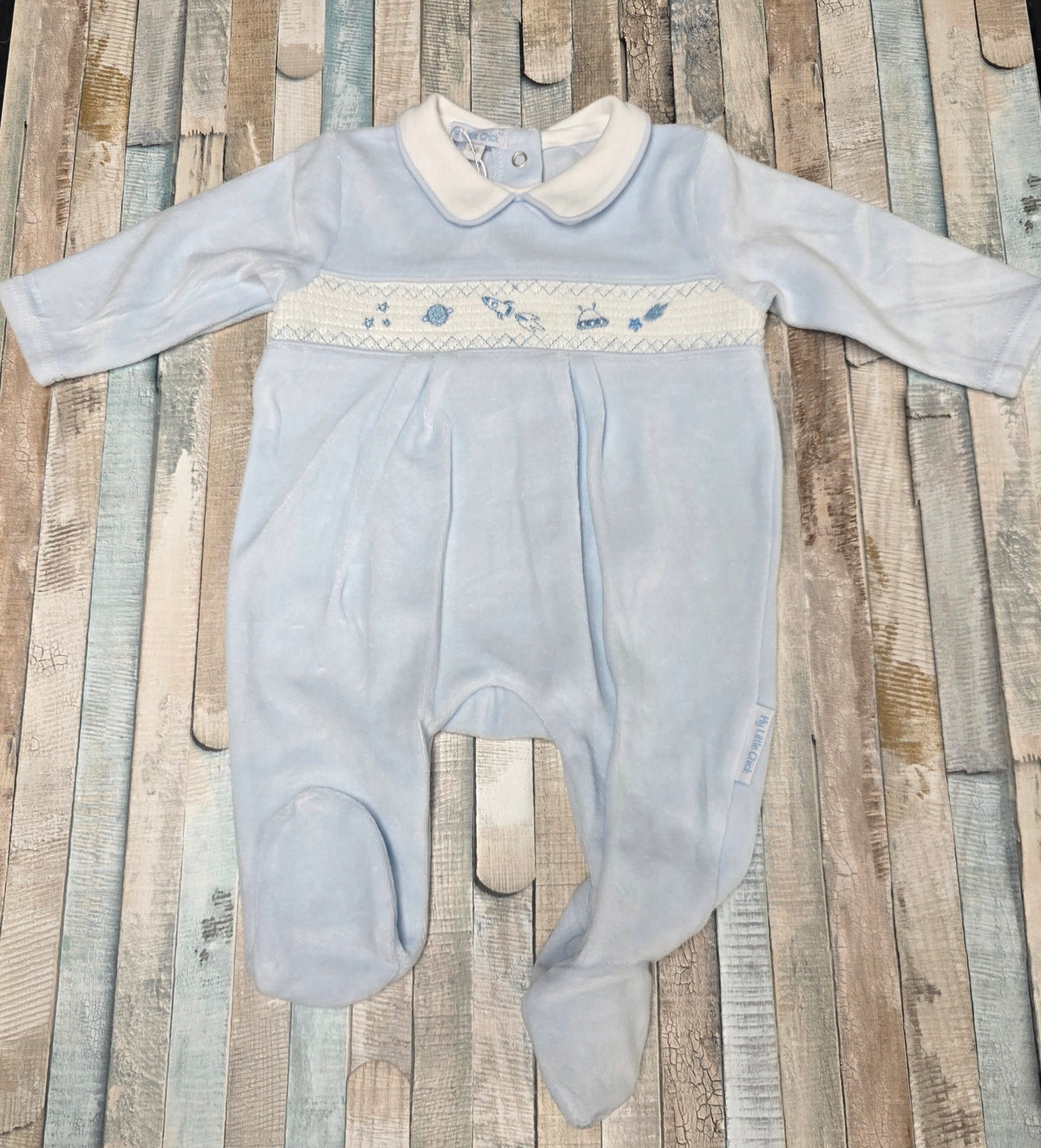 Baby Boys Blue Velour Space Design Babygro