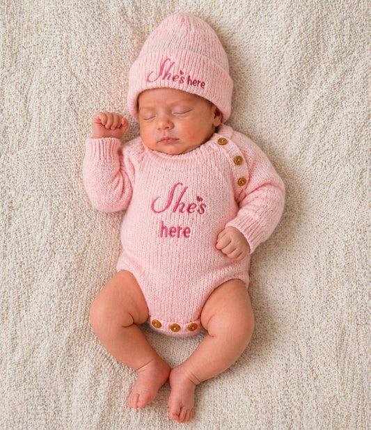 Baby Girls She's Here Long Sleeved Knitted Romper And Beanie