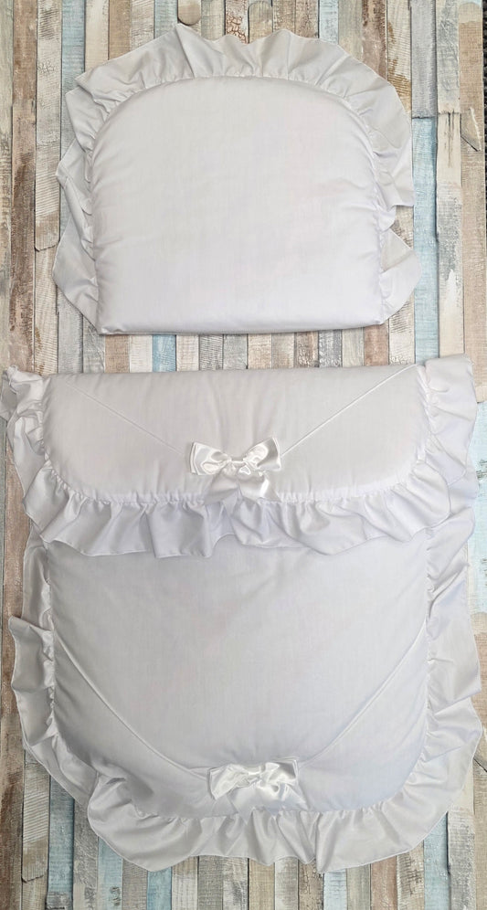 Unisex Baby White  Lace 2 Satin Bow Pram Set