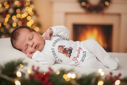 Unisex Baby 1st Christmas Personalised Teddy Printed Babygro