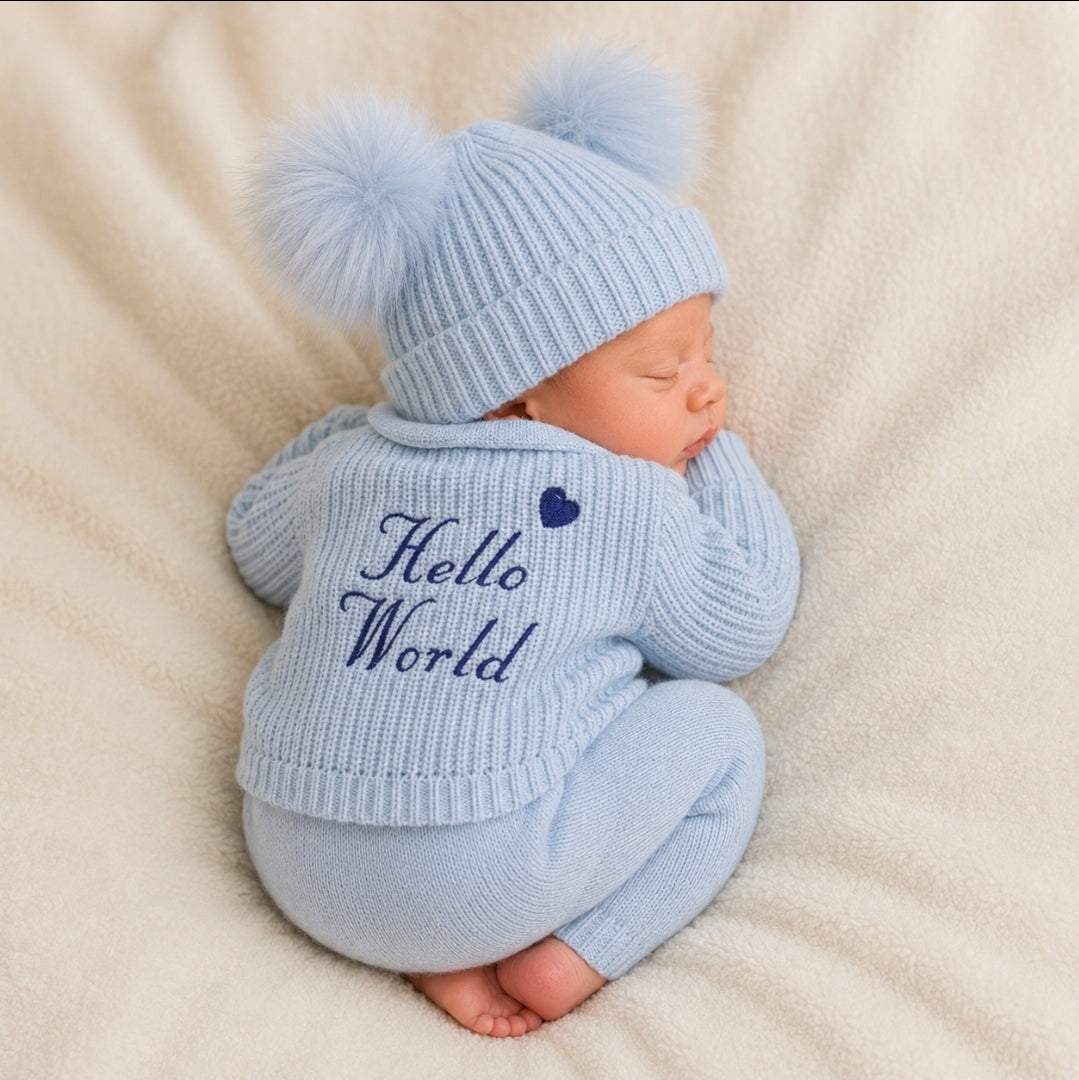 Nana B Blue Baby Boys Hello World Ribbed Cardigan