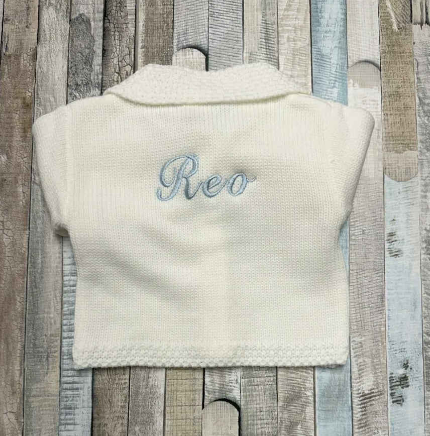 Personalised Unisex White Baby Cardigan With Collar