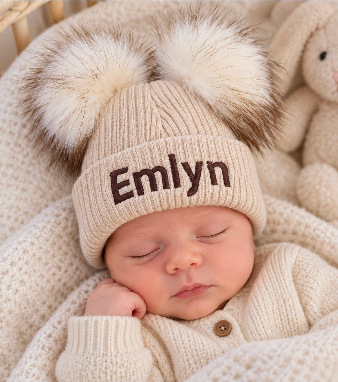 Personalised Baby Beige Double Fluffy Faux Fur Pom Knitted Hat