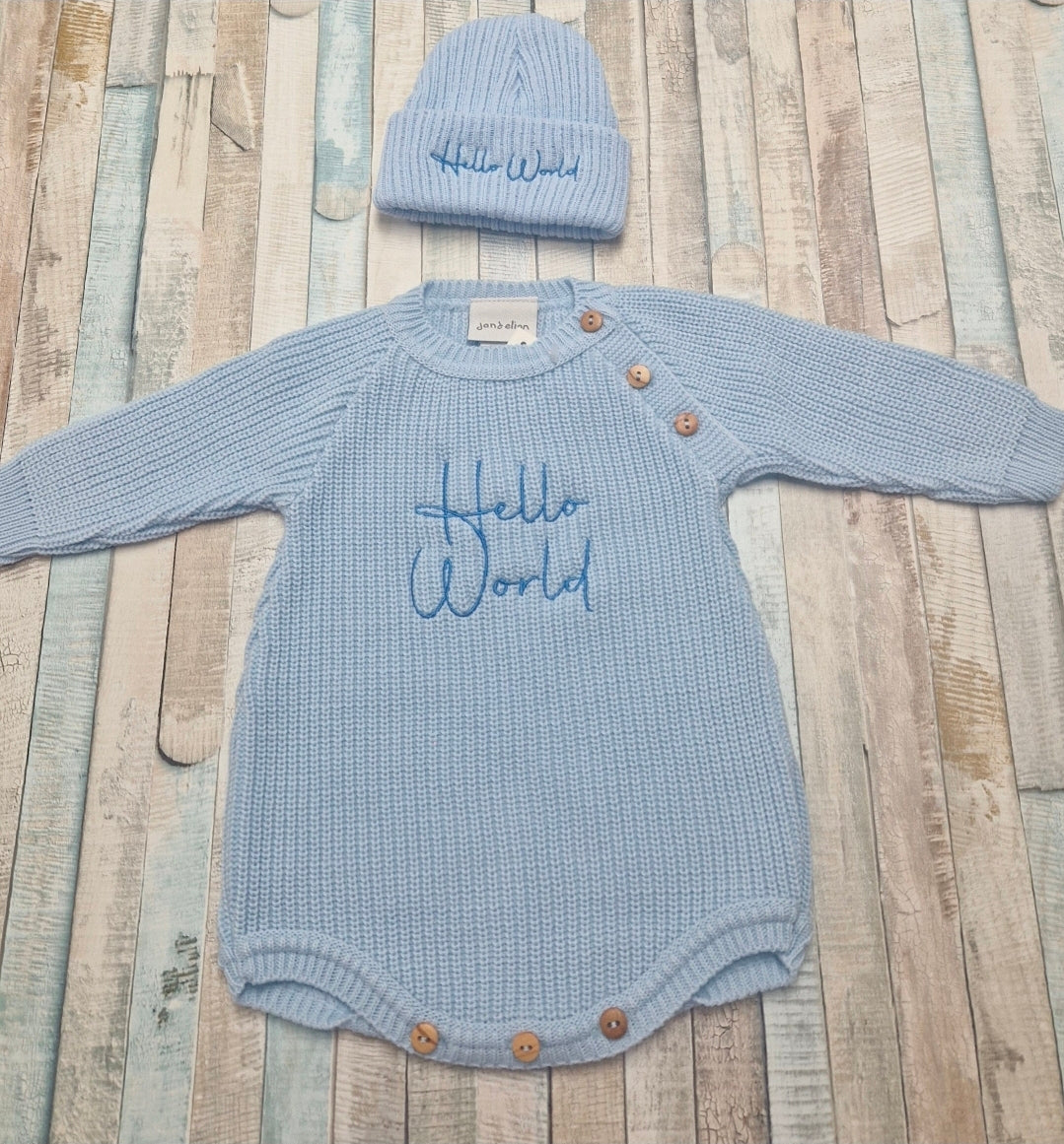 Baby Boys Blue  Knitted Hello World Romper And Beanie Hat