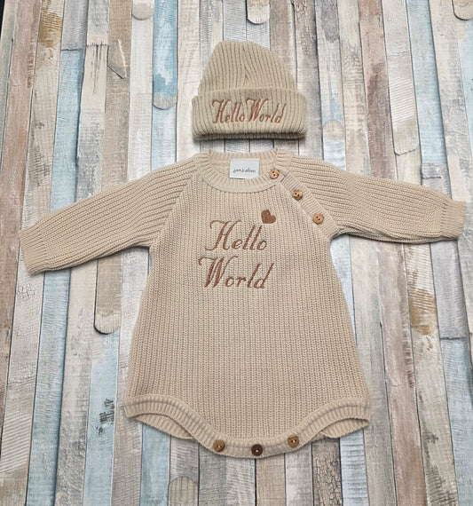 Nana B Unisex Baby Beige Hello World Romper And Beanie Hat