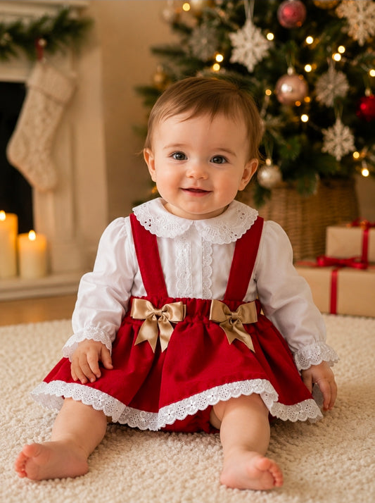 Baby Girls Red Jam Pants Set With Gold Bows