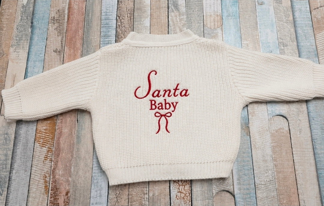 Baby White Ribbed Santa Baby Cardigan With Bow