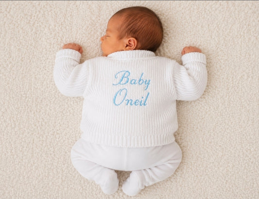 Unisex Baby White Personalised Baby And Name V Neck Ribbed Cardigan