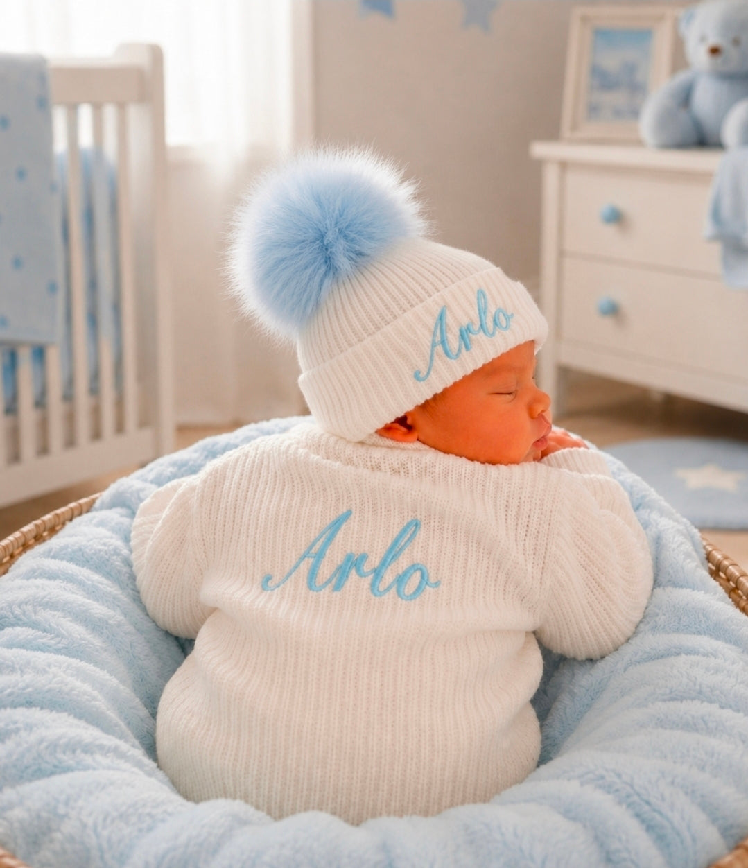 Personalised Baby White Knitted Single Blue Fluffy Faux Fur Pom Hat