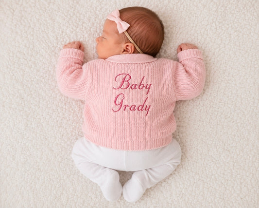 Baby Girls Pink Personalised Baby And Name V Neck Ribbed Cardigan