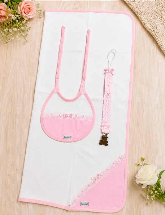 Baby's Dummy Clip Muslin And Bib Gift Set