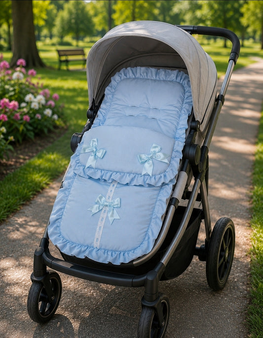 Baby Boys Blue And White Slotted Lace Trim  Universal Pushchair Footmuff/Cosytoes