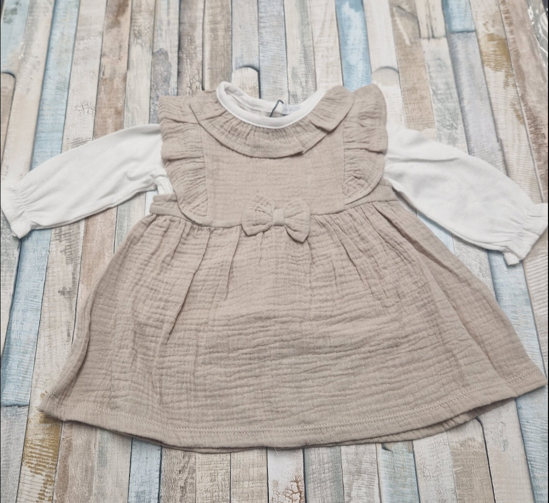 Baby Girls Beige And White 2 Piece Dress Set