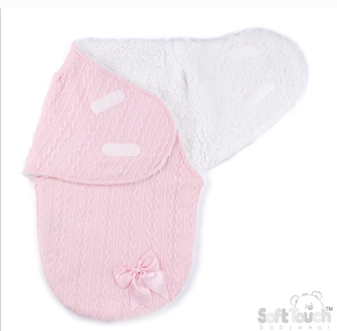 Baby Girls Pink New Cable Style Swaddle With Satin Bow