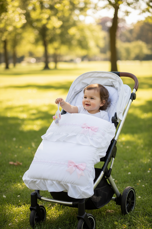 Baby Girls White Frill Universal Pushchair Footmuff/ Cosytoes With Pink Satin Side Bow