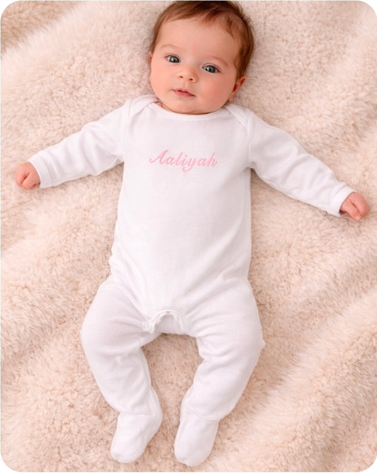 Personalised White Long Sleeved Newborn Babygro
