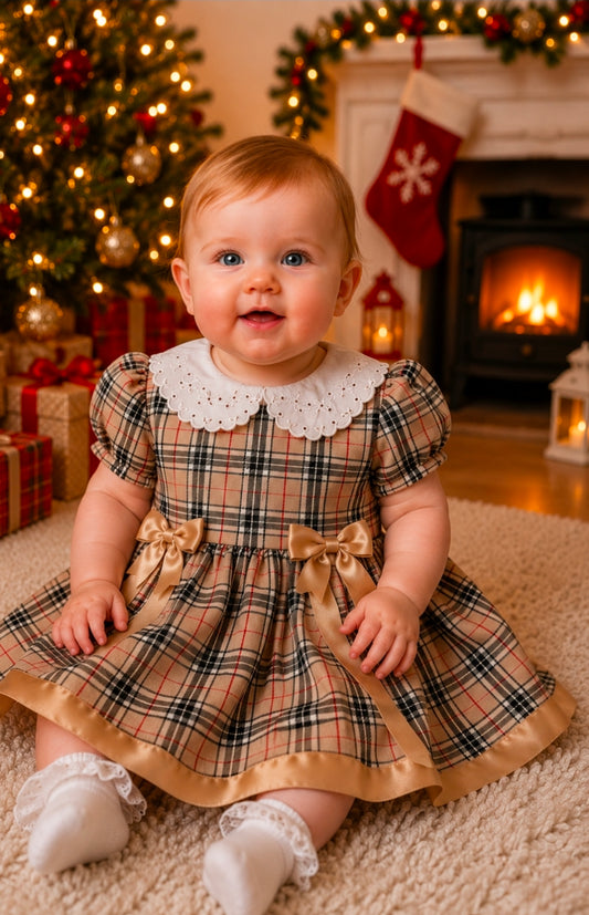 Baby Girls Gold & Beige Tartan Dress