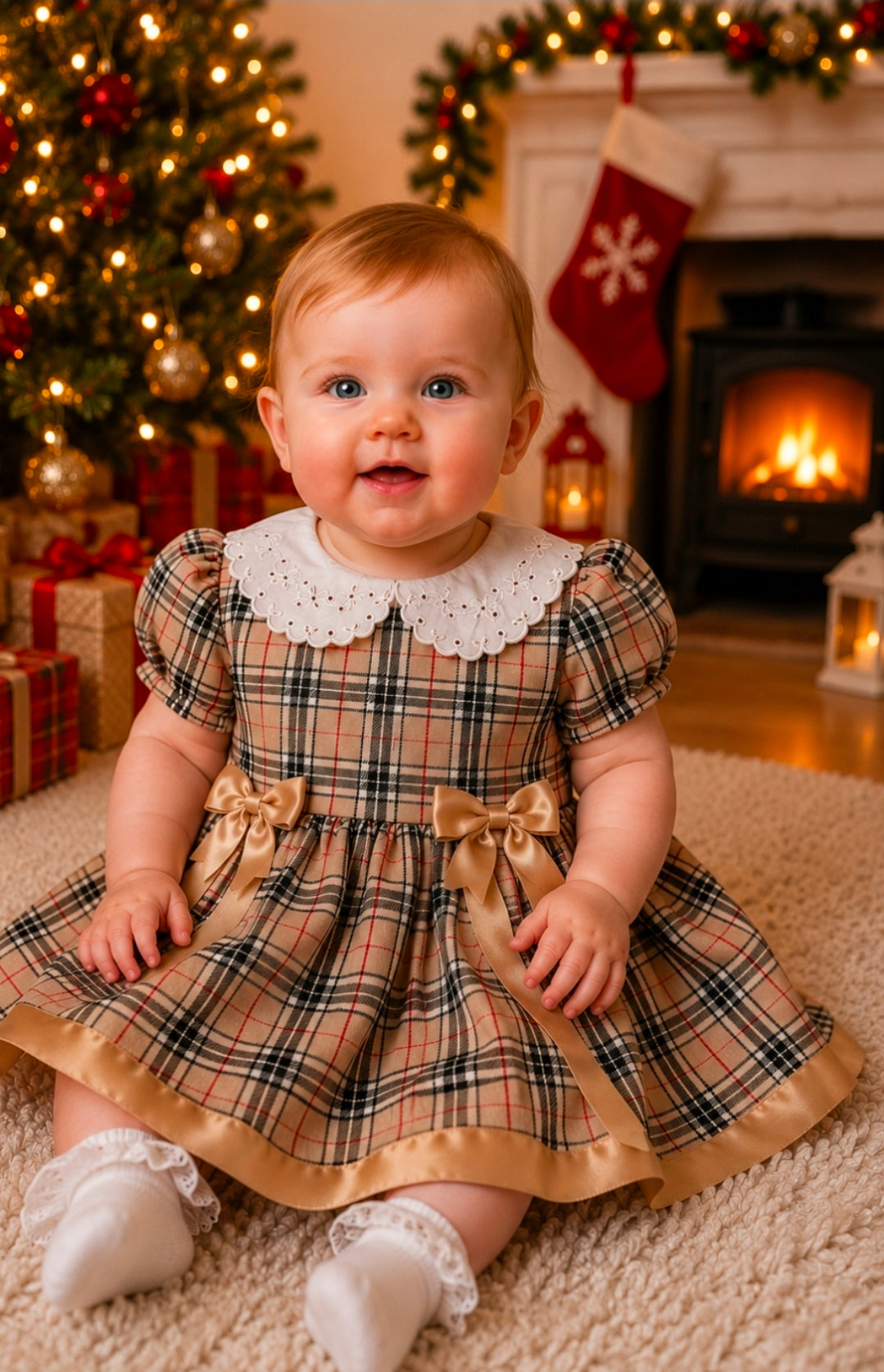 Baby Girls Gold & Beige Tartan Dress