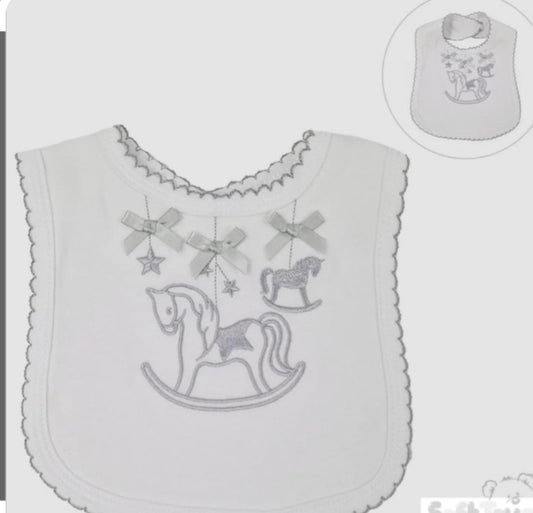 Unisex Baby White And Grey  Rocking Horse Bib