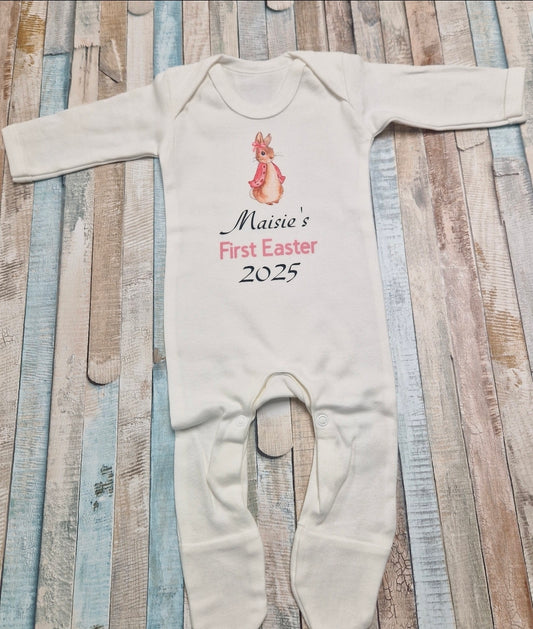 Baby Girls Newborn White Personalised First Easter Babygro With Printed Pink Rabbit