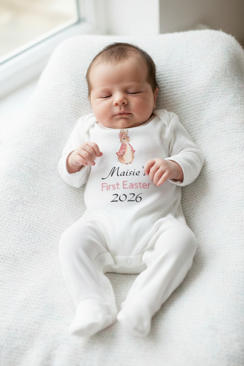 Baby Girls Newborn White Personalised First Easter Babygro With Printed Pink Rabbit