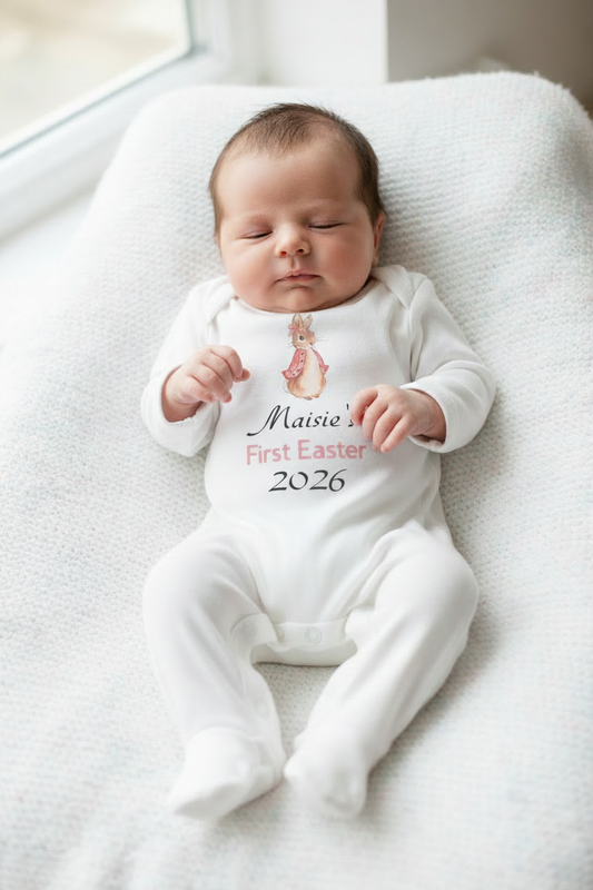 Baby Girls Newborn White Personalised First Easter Babygro With Printed Pink Rabbit