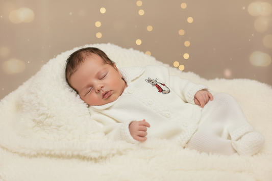 Baby White Unisex Cardigan With Collar And Embroidered  Red Rabbit