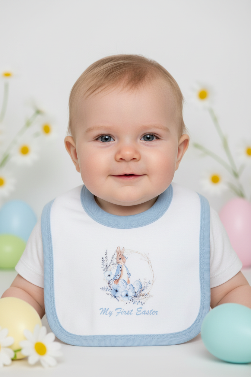 Baby Boys My First Easter Blue Rabbit Printed Bib