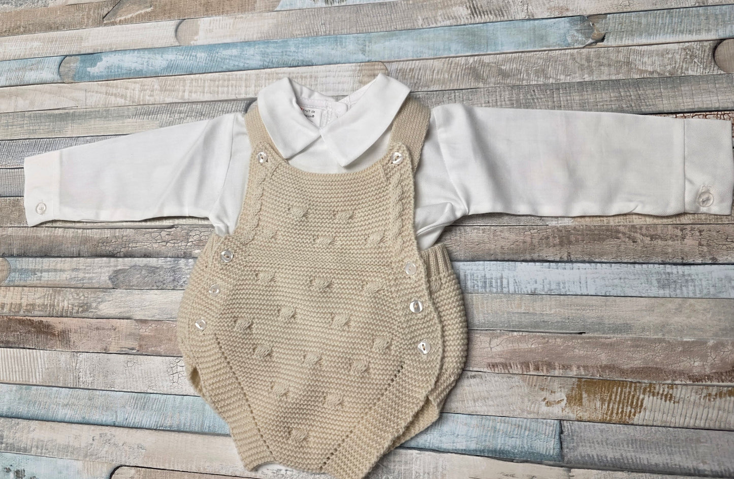 Baby Boys Beige 2 Piece Dungaree Knitted Romper