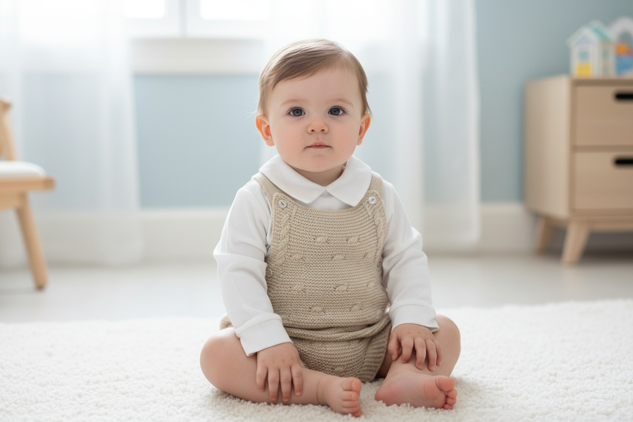 Baby Boys Beige 2 Piece Dungaree Knitted Romper