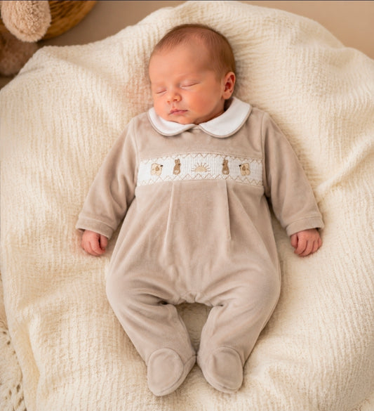 Unisex Baby Beige Velour Rabbit Babygro