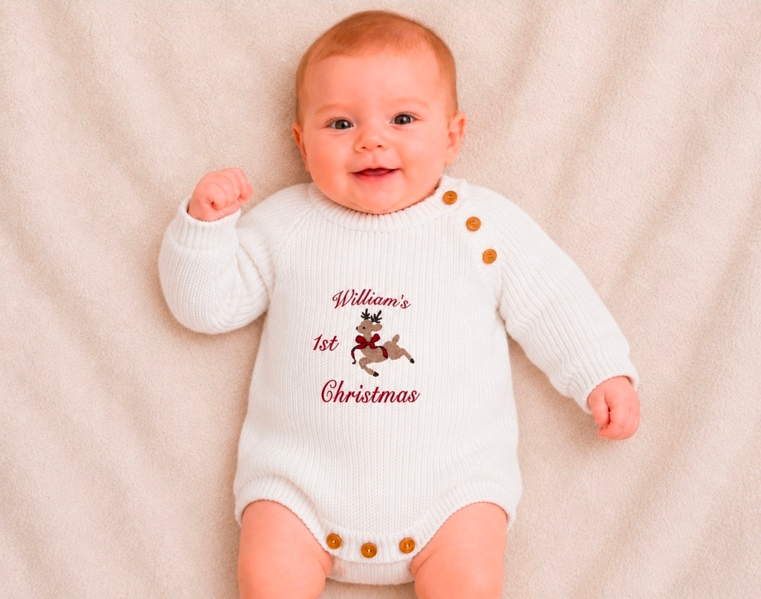 Unisex Baby White Personalised 1st Christmas Reindeer Romper