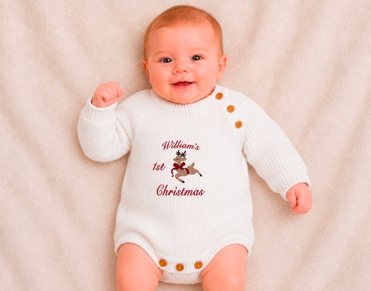 Unisex Baby White Personalised 1st Christmas Reindeer Romper