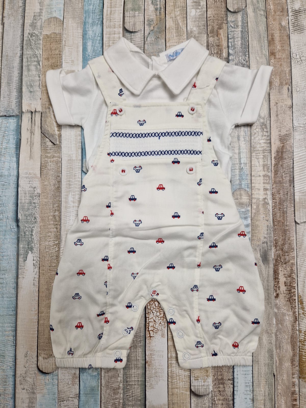 Baby Boys White Cars Dungaree 2 Piece Set