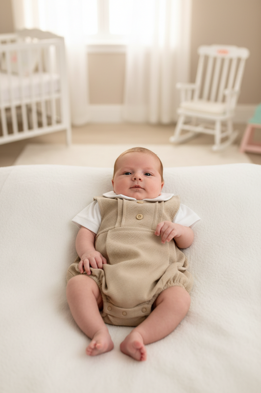 Baby Boys Beige And White Short Romper Set